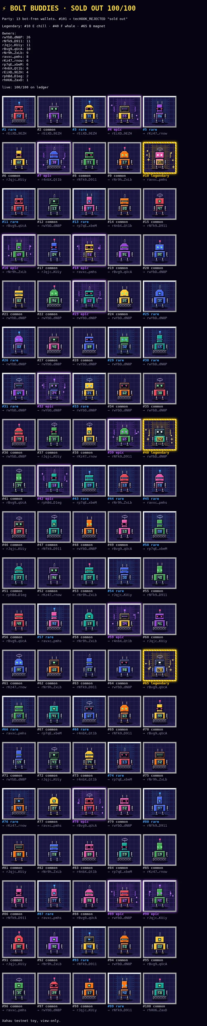 Screenshot of the on-chain Bolt Buddies page showing all 100 robots