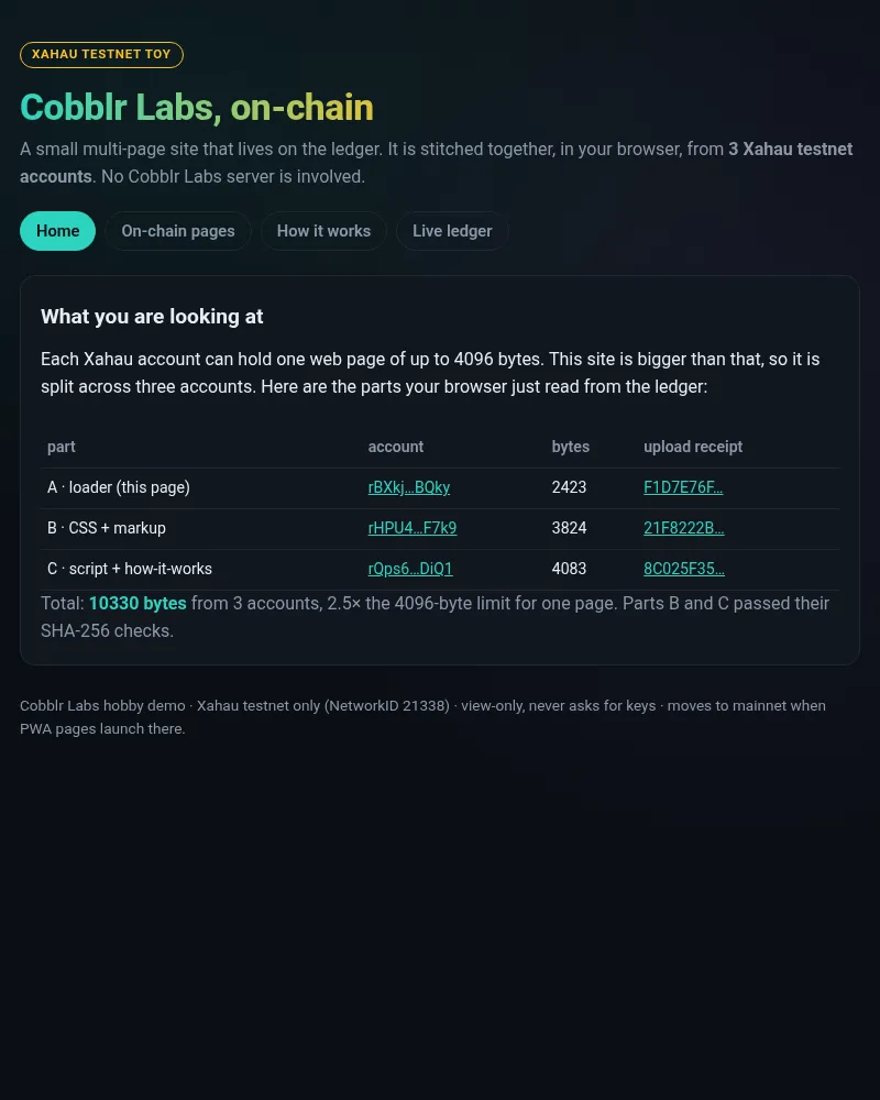 Screenshot of the on-chain mini site stitched from three testnet accounts