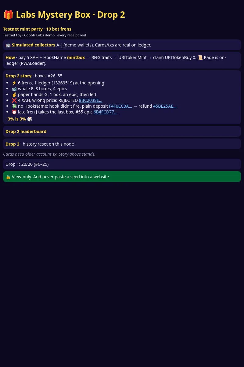 Screenshot of the on-chain Labs Mystery Box recap with the history-reset note